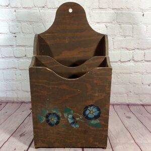 Vintage Hand Crafted Hand Painted Blue Floral Wood Wall or Tabletop Organizer